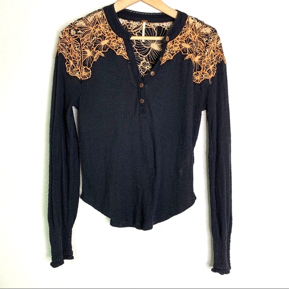 Free people black gauze thermal long sleeve top s - Picture 2 of 8
